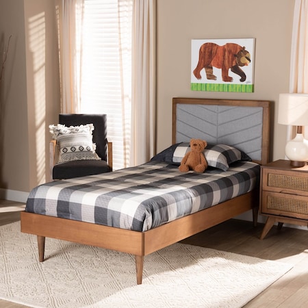 Baxton Studio Tasha Mid-Century Light Grey Fabric Upholstered and Walnut brown Finished Wood Platform Bed-Twin 192-11538-11158-ZORO